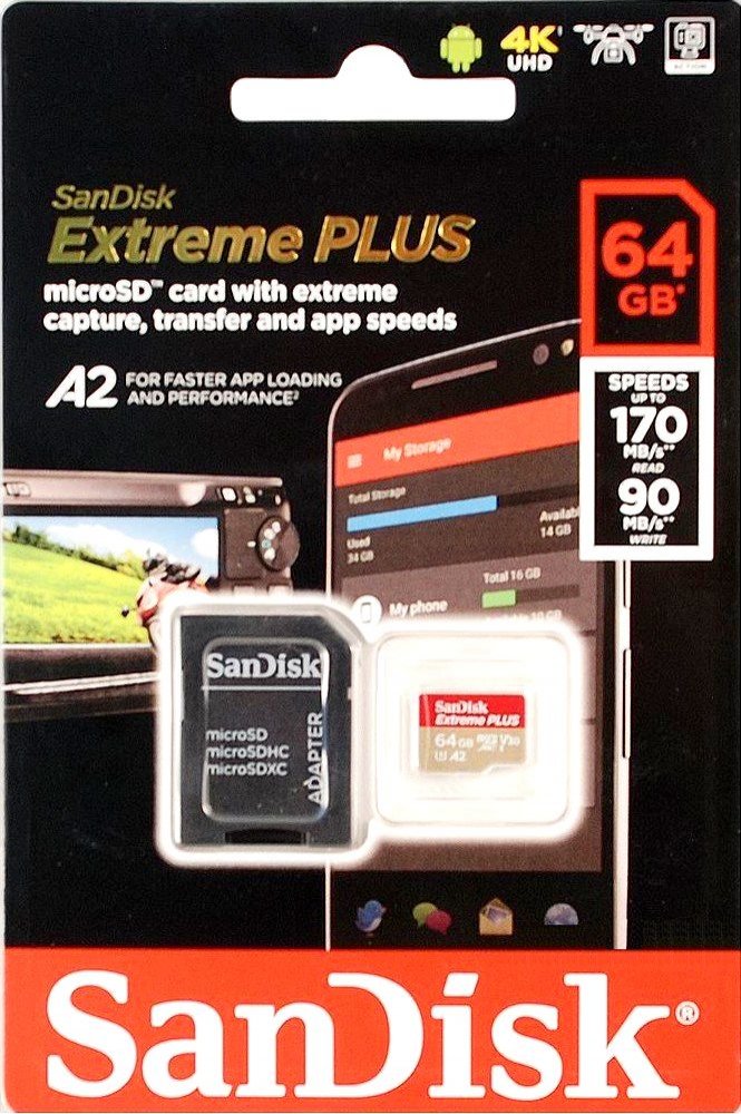 Карта памяти Sandisk Extreme Plus microSDXC Rescue Pro Deluxe 170 mb/s A2 C10 V30 UHS-I U3  64Gb в магазине RentaPhoto.Store